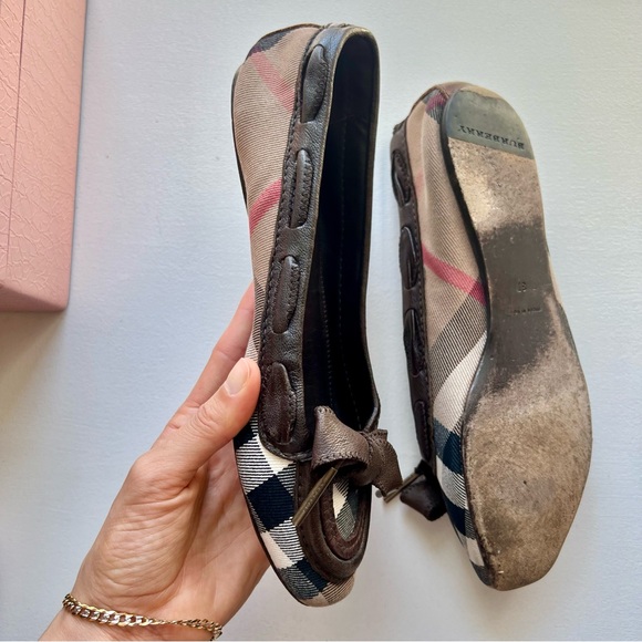 Authentic BURBERRY Oriel Bow Front House Check/Brown Leather Ballet Flat size 7 - Picture 1 of 8
